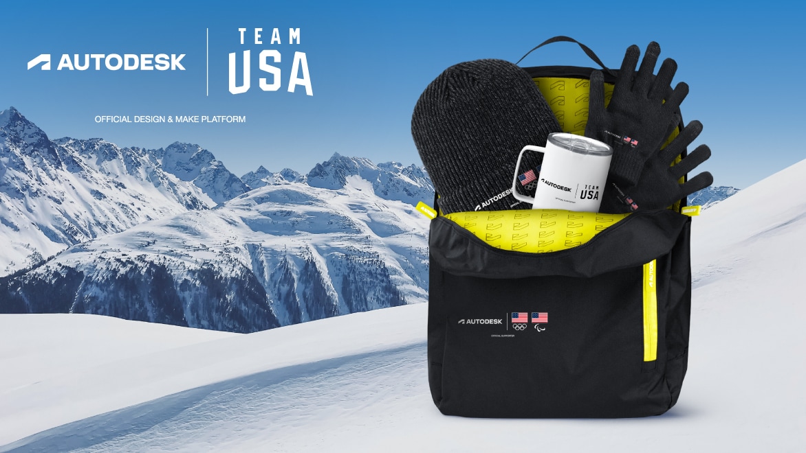 Image of a backpack, mug, gloves and hat with Autodesk and Team USA branding